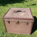 Antique travel trunk, wooden and leather transport case, 1900