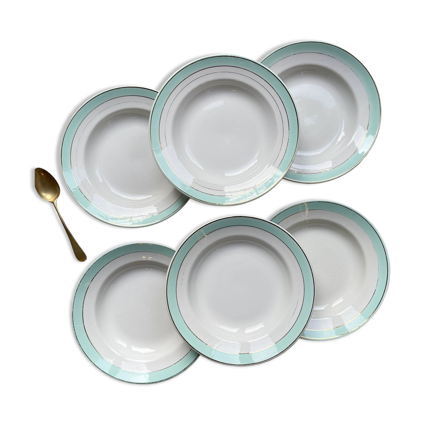 6 vintage LUNEVILLE earthenware soup plates, white, green and gold