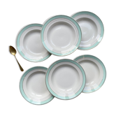 6 vintage LUNEVILLE earthenware soup plates, white, green and gold