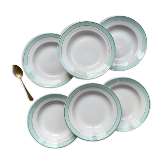 6 vintage LUNEVILLE earthenware soup plates, white, green and gold