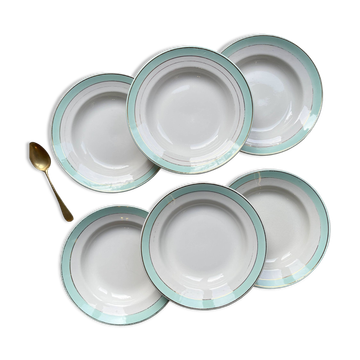 6 vintage LUNEVILLE earthenware soup plates, white, green and gold