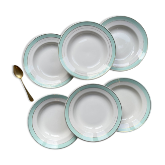 6 vintage LUNEVILLE earthenware soup plates white green gold