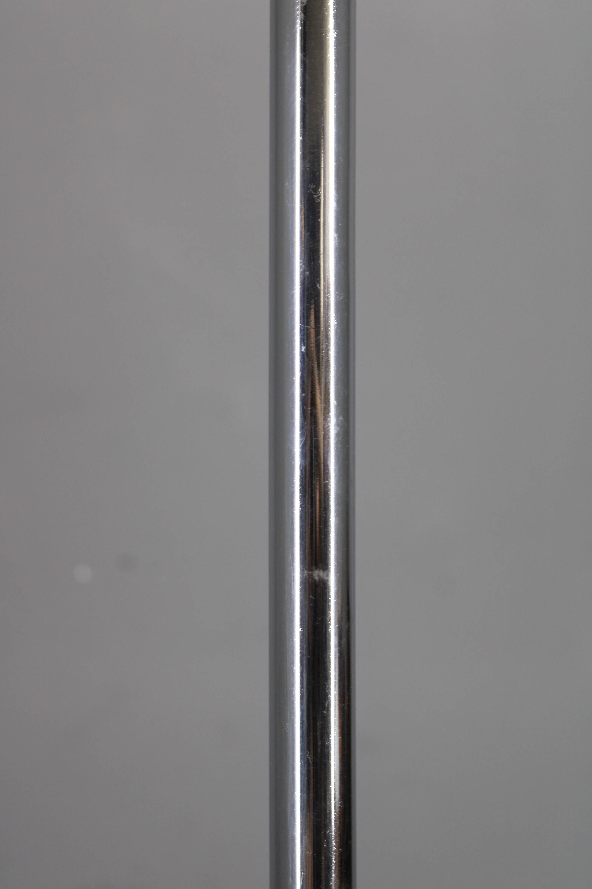 Art Deco chrome floor lamp, milk glass, walnut base, 1930s Czechoslovakia