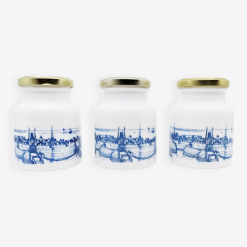 Pots à moutarde-épices allemands en opaline décor paysage bleu