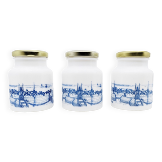 Pots à moutarde-épices allemands en opaline décor paysage bleu
