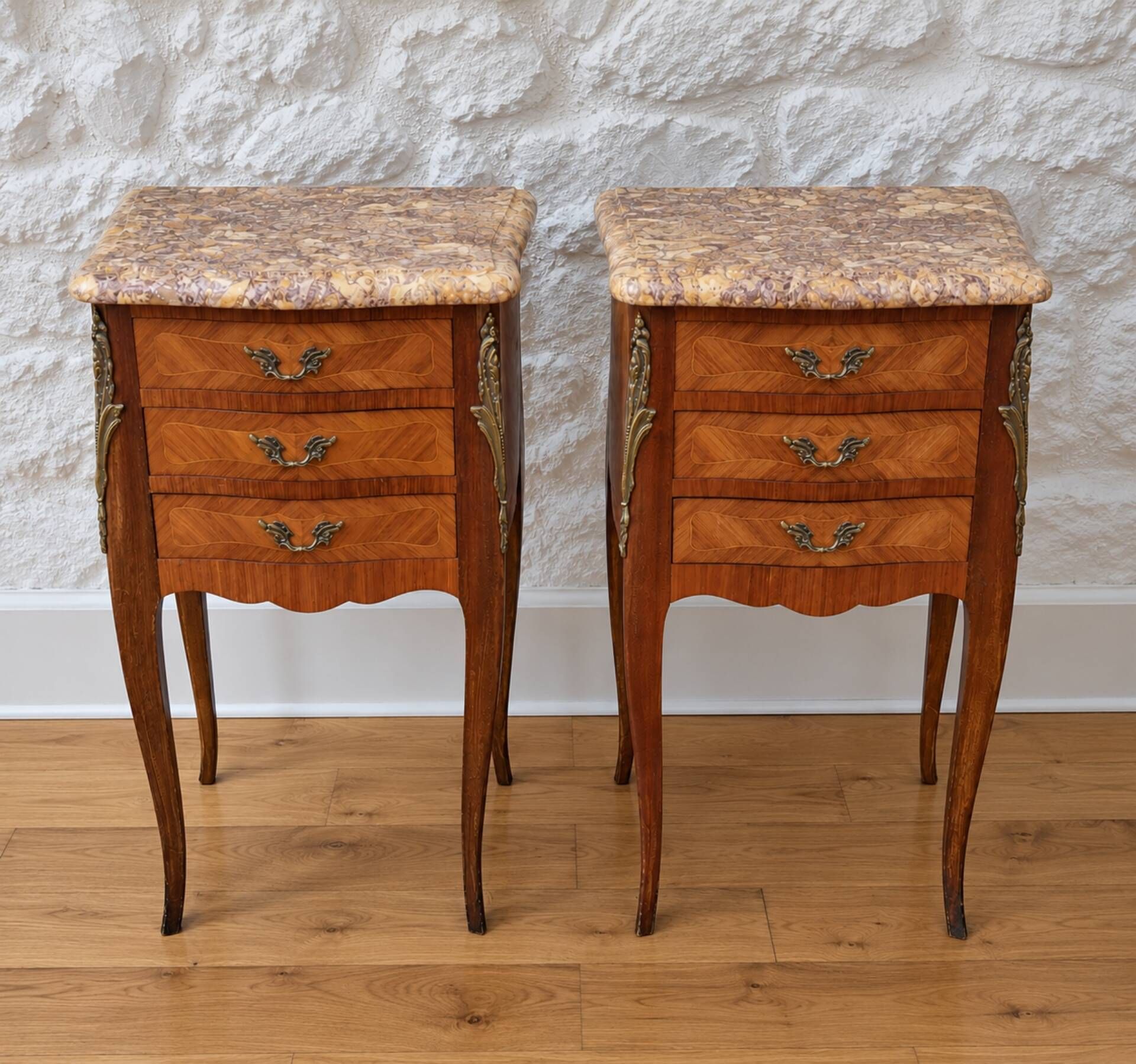 Pair of bedside tables in Louis XV style with 3 drawers, marquetry in rosewood.