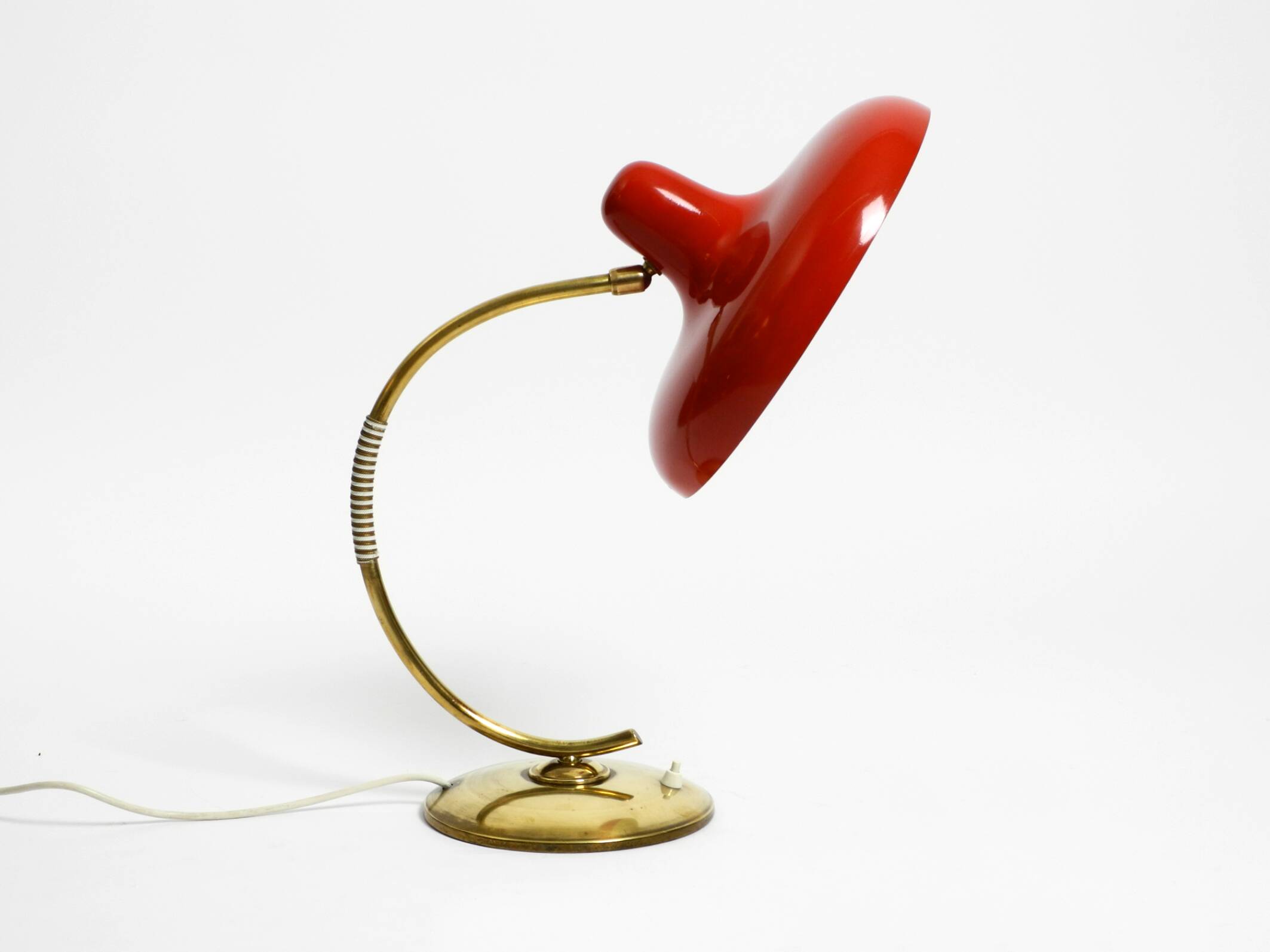 Beautiful large Mid Century Modern brass table lamp with red metal shade