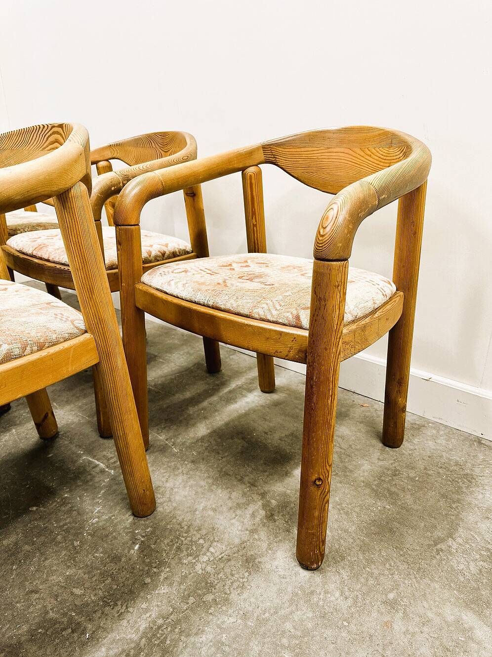 Set of six Rainer Daumiller pine wood arm chairs, 1970s