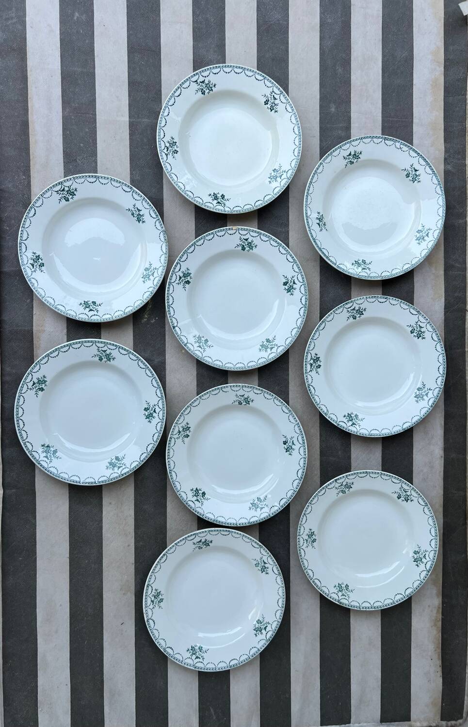 Ensemble de 9 assiettes Terre de fer fleurs vertes St Amand