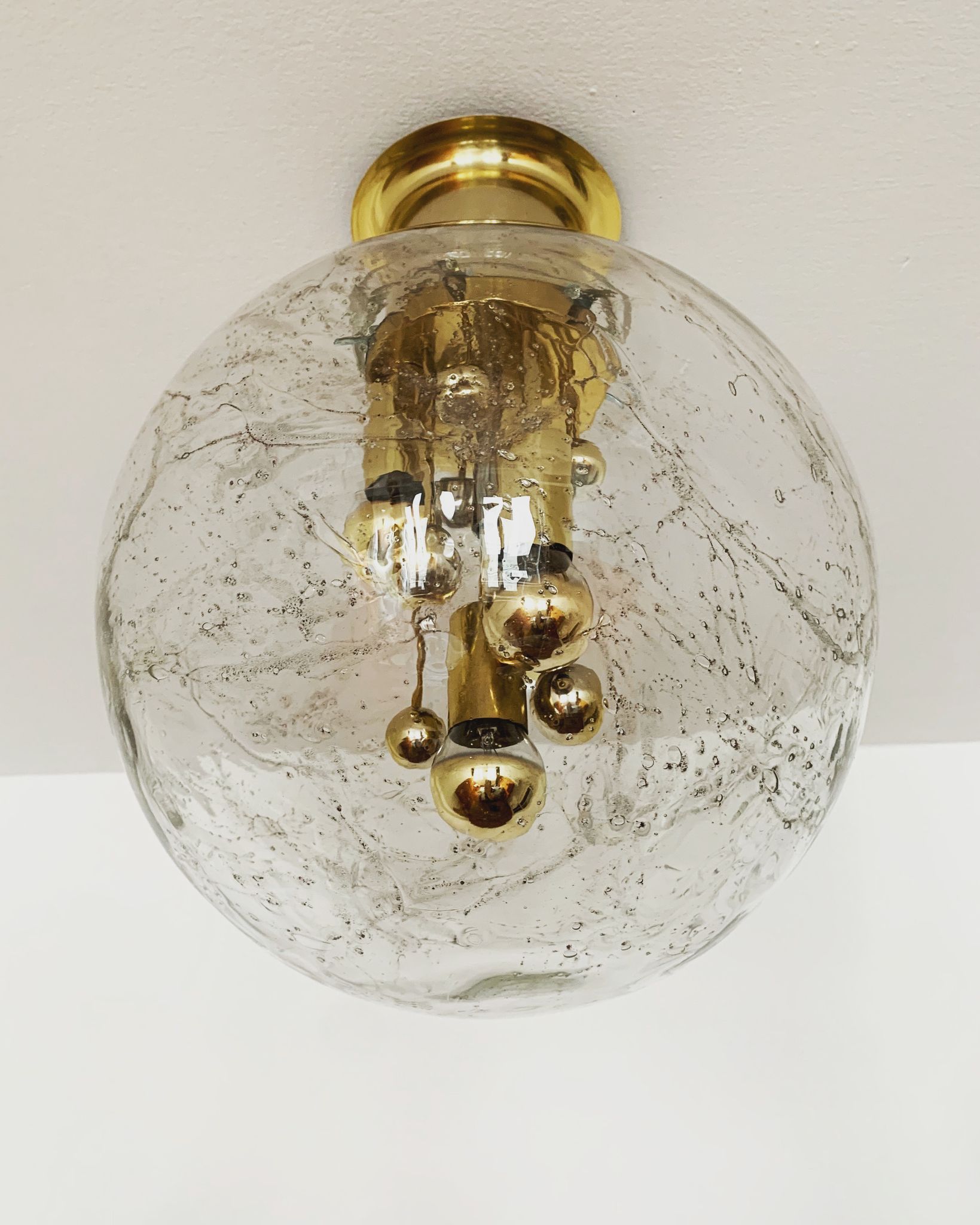Golden mid-century ice glass ceiling lamp by Doria