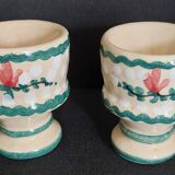 Pair of vintage earthenware egg cups with hand-painted decoration