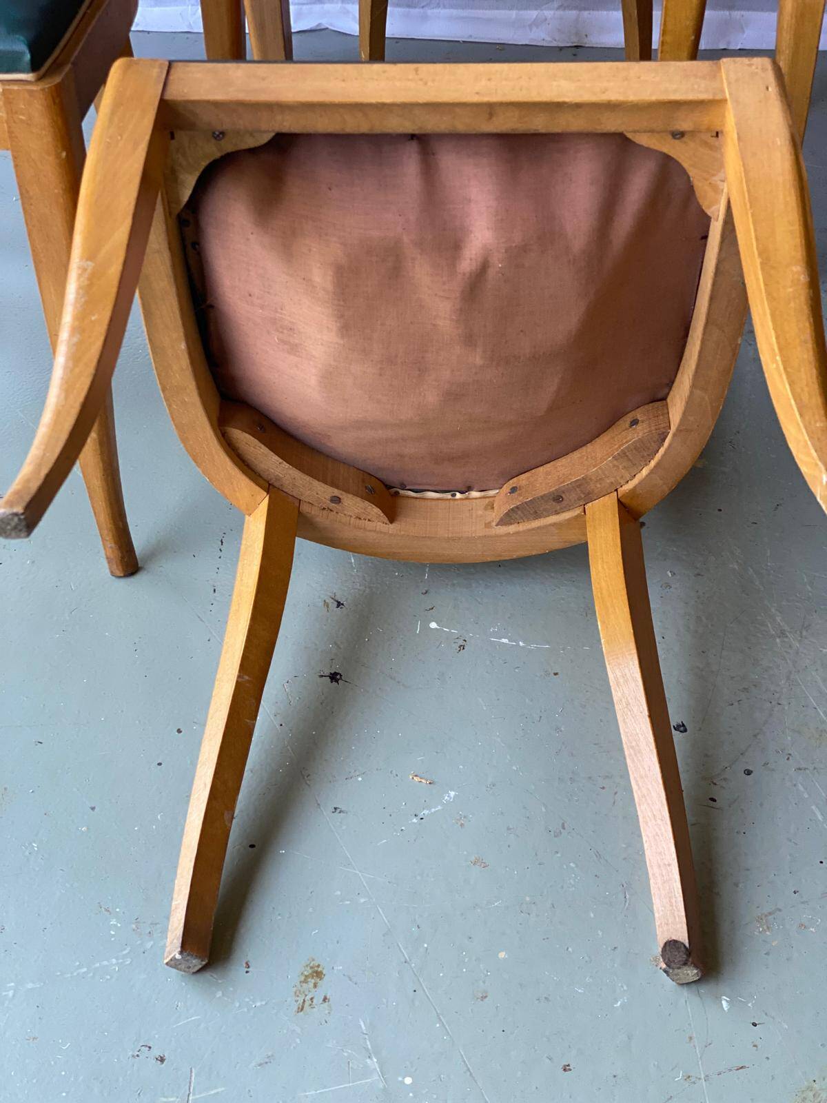 6 vintage dining chairs in solid wood and blue green leather