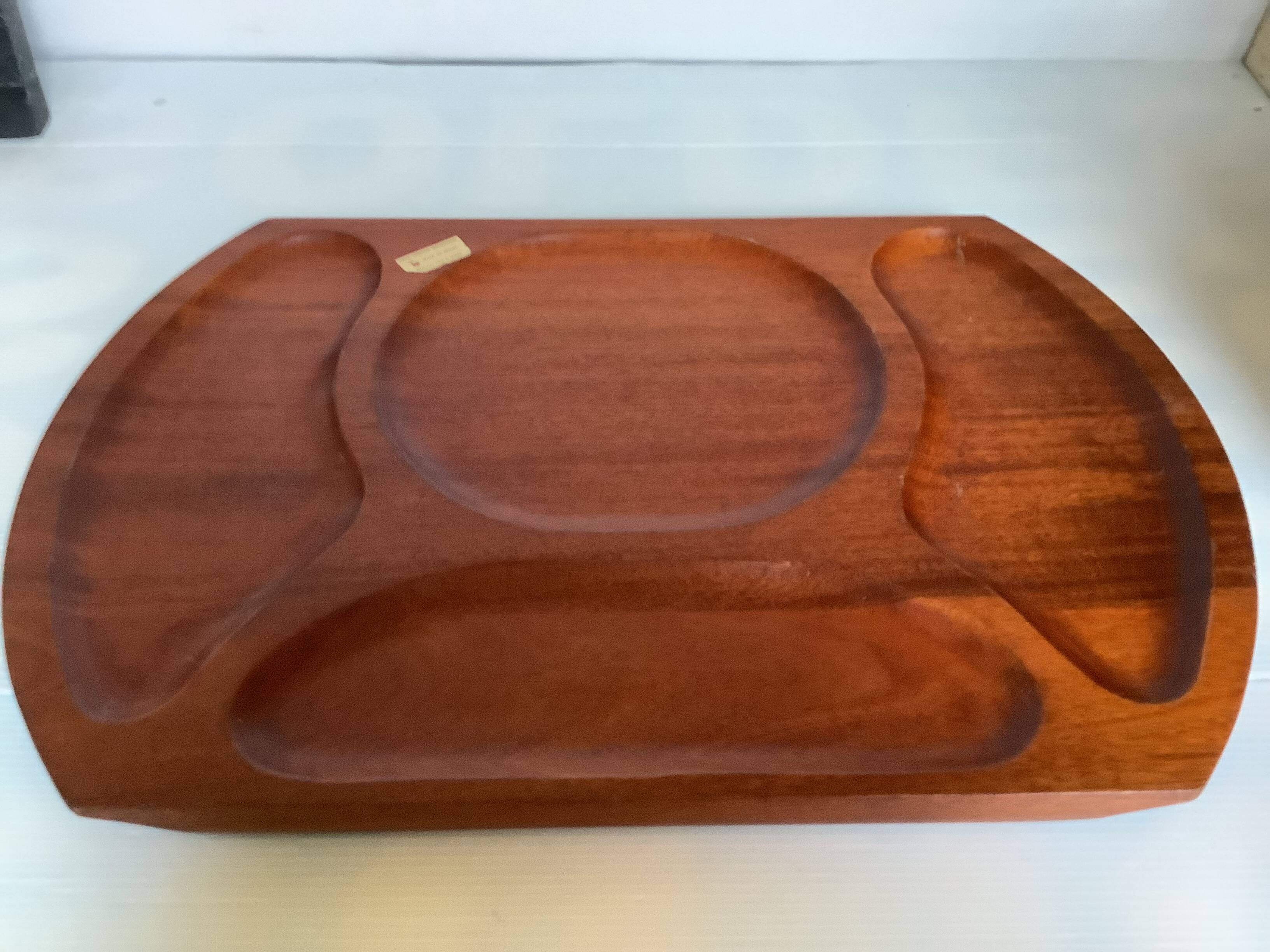 Pair of wooden snack meal trays with compartments.
