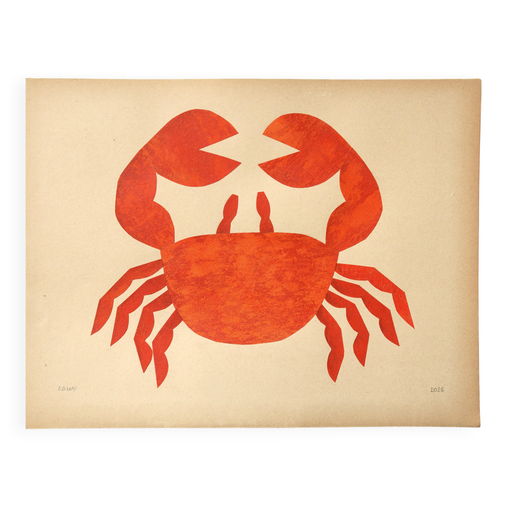 Collage crabe sur papier ancien signé eawy