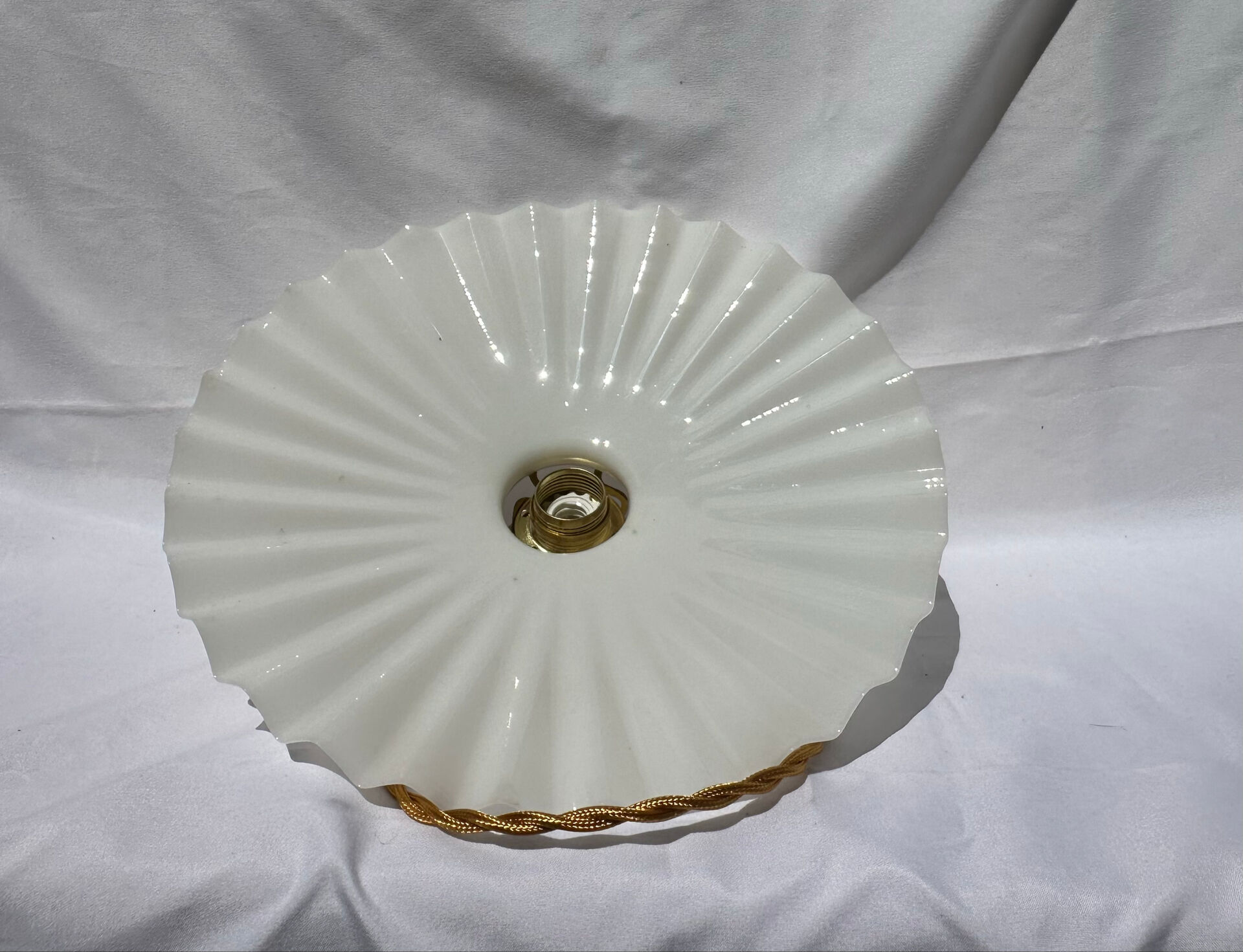 Vintage suspension opaline pleated lampshade with golden threads and claw socket.