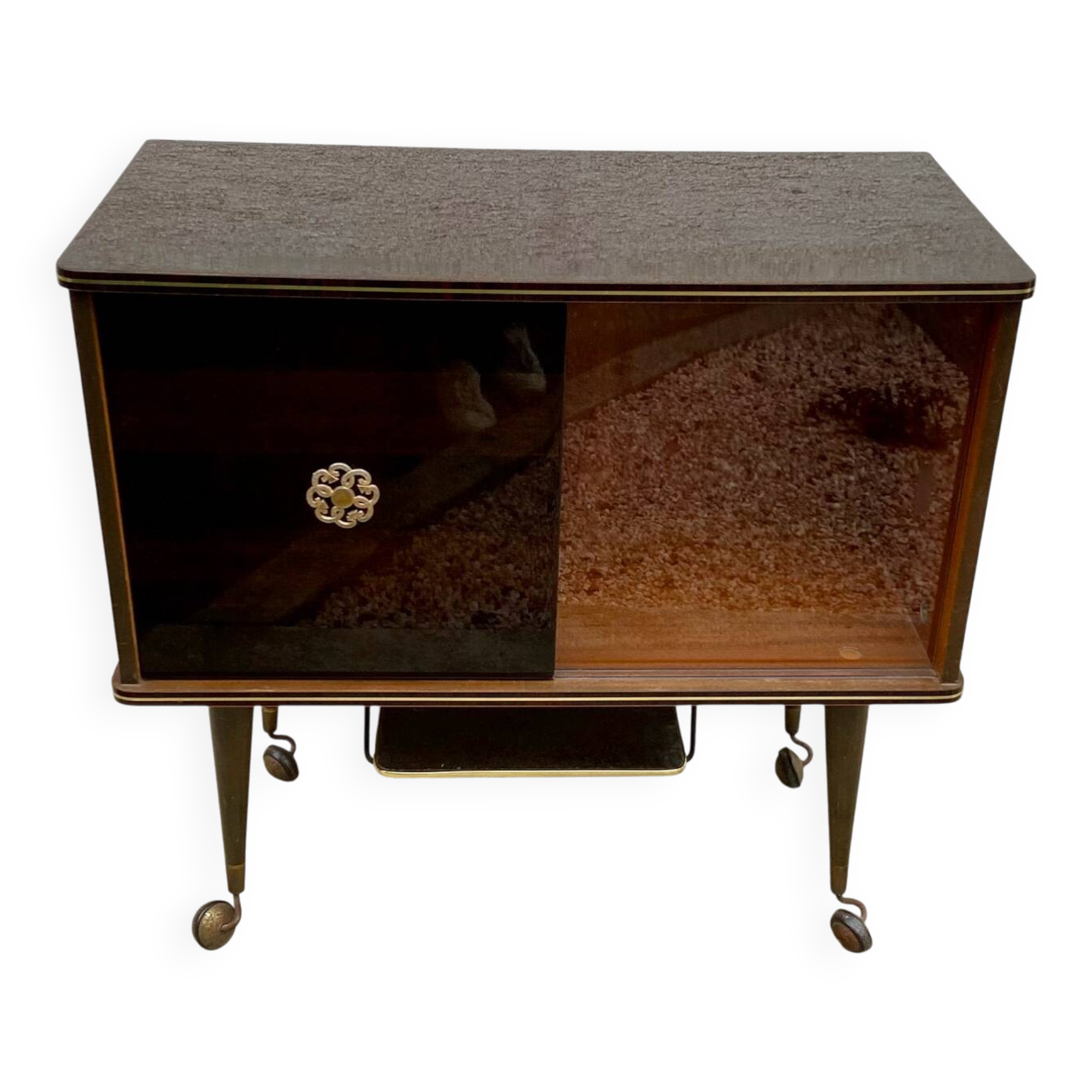 Vintage display bar cabinet on wheels from the 60s/70s.