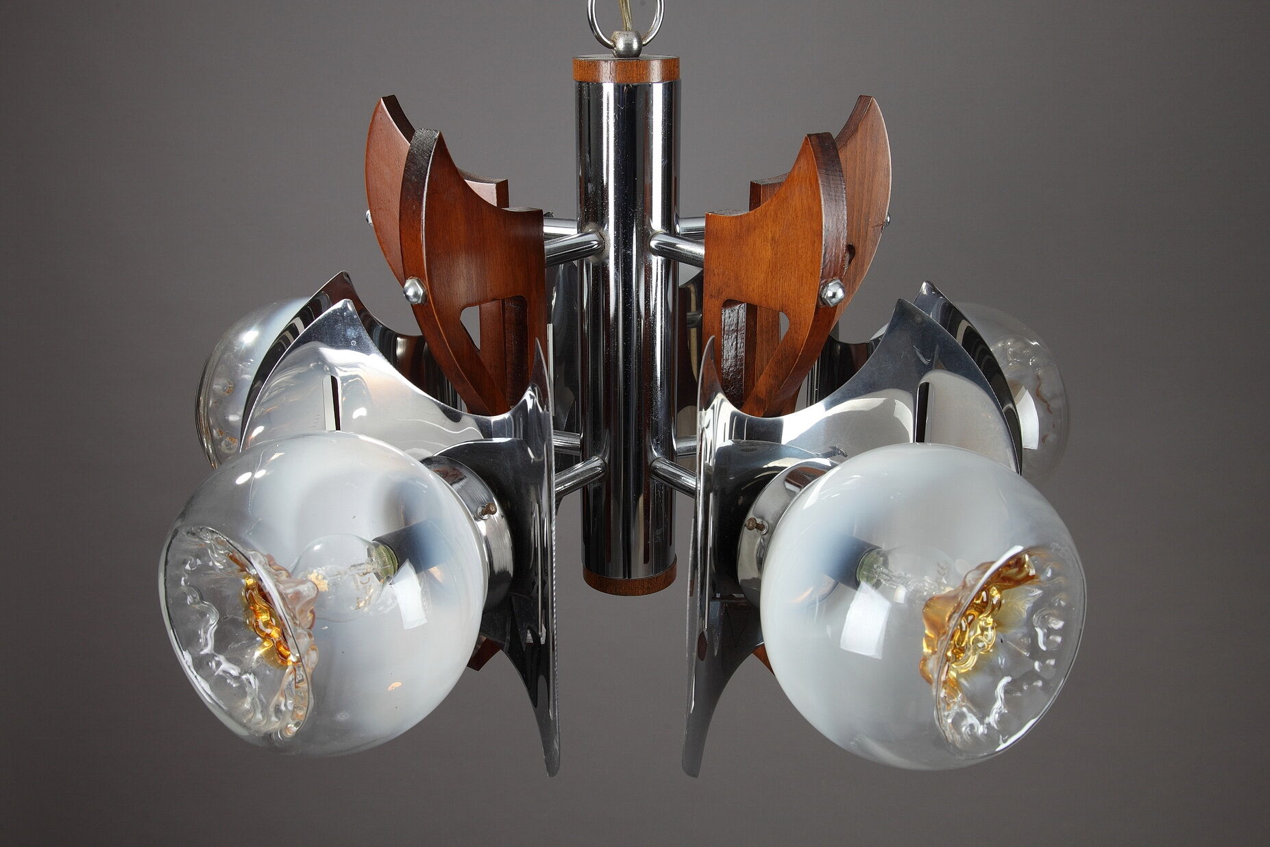 Mazzega chandelier in murano glass, chrome and wood, 1970's