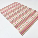 Beige & Pink Wool Kilim Rug, 142x203Cm Handknotted Carpet, 5x7 Rugs