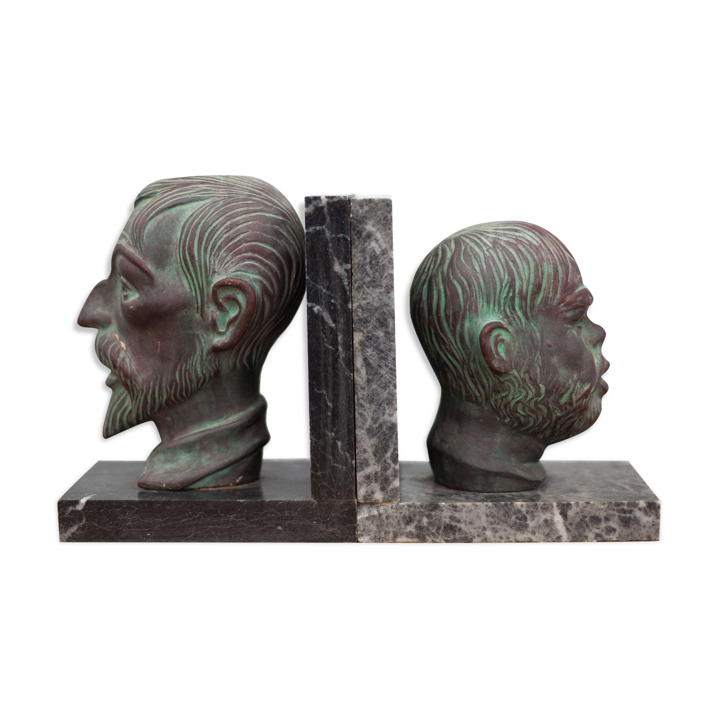 Pair of terracotta and marble bookends, don quixote and sancho panza, paperweight, library