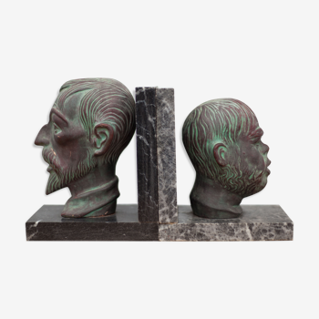 Pair of terracotta and marble bookends, don quixote and sancho panza, paperweight, library