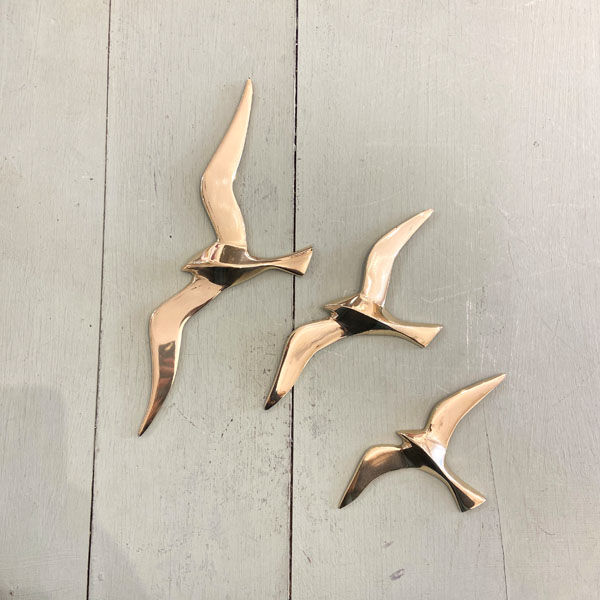 Series of 3 golden brass seagulls to hang