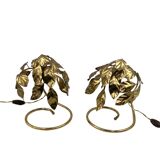 Hollywood regency set of 2 brass leaves table lamps, Bottega Gadda Italy, 1970s