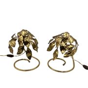 Hollywood regency set of 2 brass leaves table lamps, Bottega Gadda Italy, 1970s