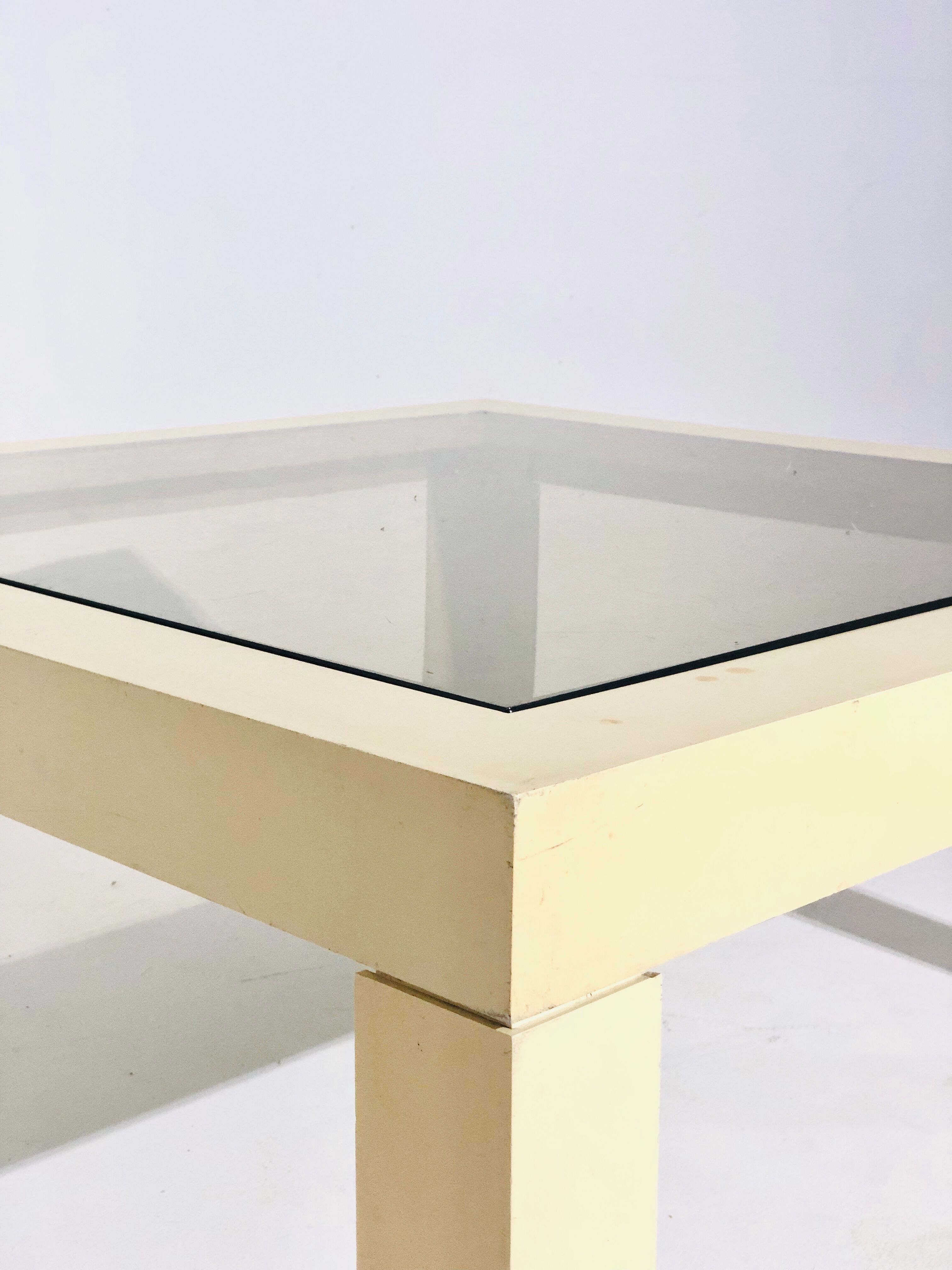 Vintage white plastic coffee table and glass