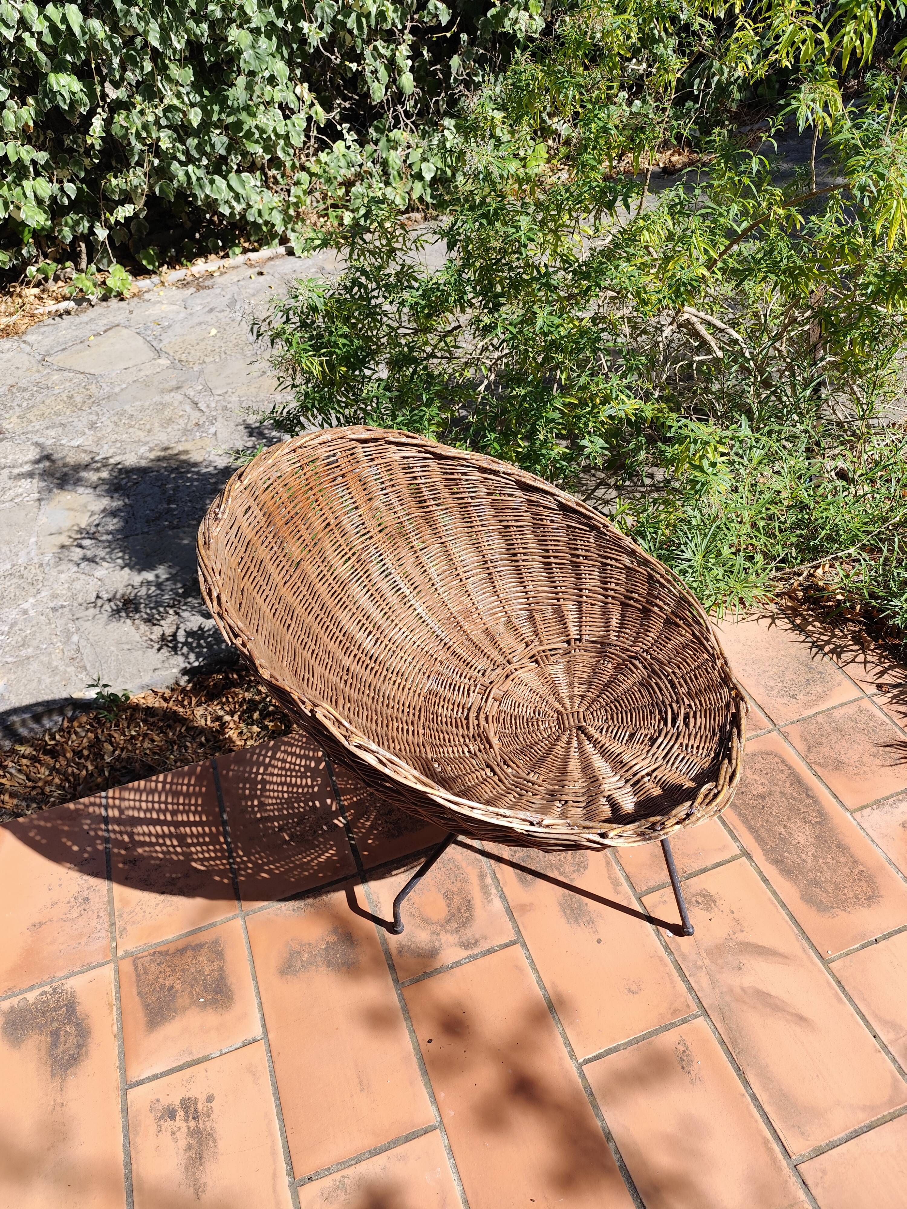 Vintage 1950s rattan and wrought iron basket armchair