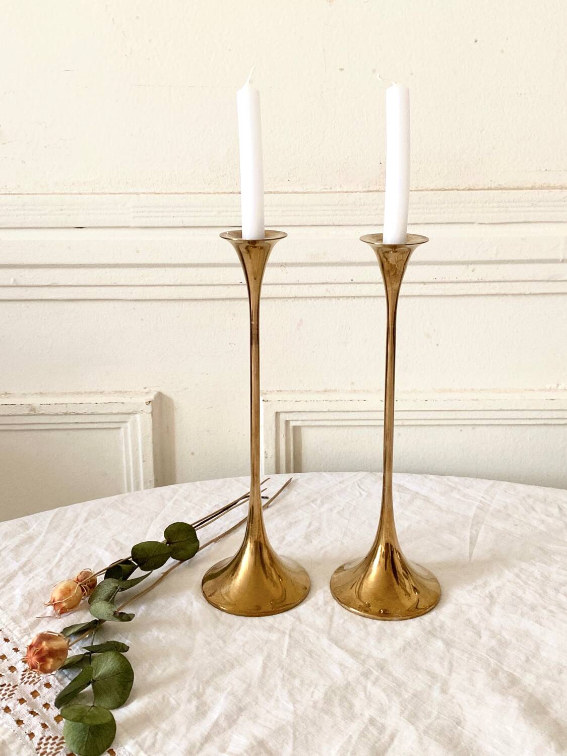 Pair of Scandinavian candlesticks in gilded brass H 23 cm