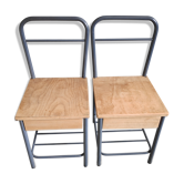Boarding bedside chairs from the 1950s, grey metal structure, raw wood
