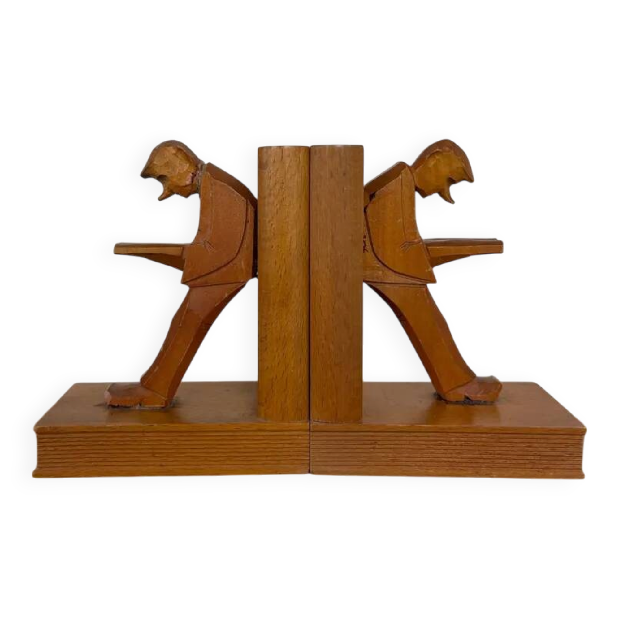 Vintage Mid-Century Cubist German Carved Wood Bookends – Art Deco Style