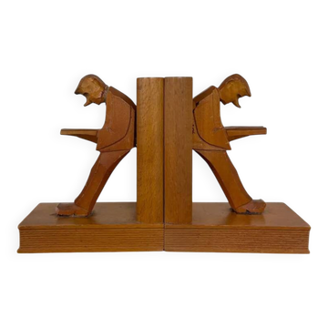 Vintage Mid-Century Cubist German Carved Wood Bookends – Art Deco Style