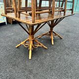 Vintage 50s set: large table - tripod base and woven chestnut benches