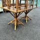 Vintage 1950s set: large table with tripod base and benches in woven chestnut