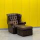 Brown leather chesterfield wing chair with Ottoman