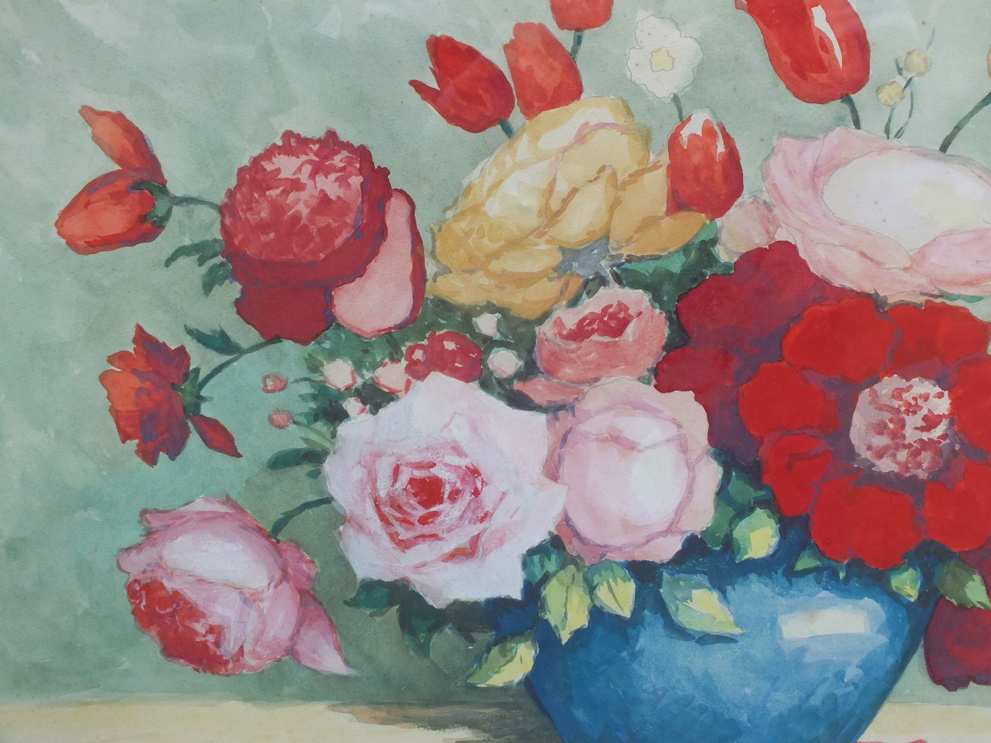 Large watercolor bouquet of flowers signed Bessonnat