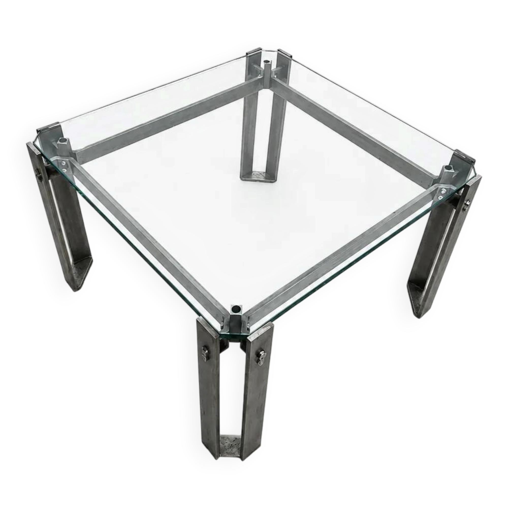 Brutalist coffee table / metal glass / 1980s / weighty