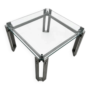 Table basse brutaliste / métal verre / années 1980 / lourde