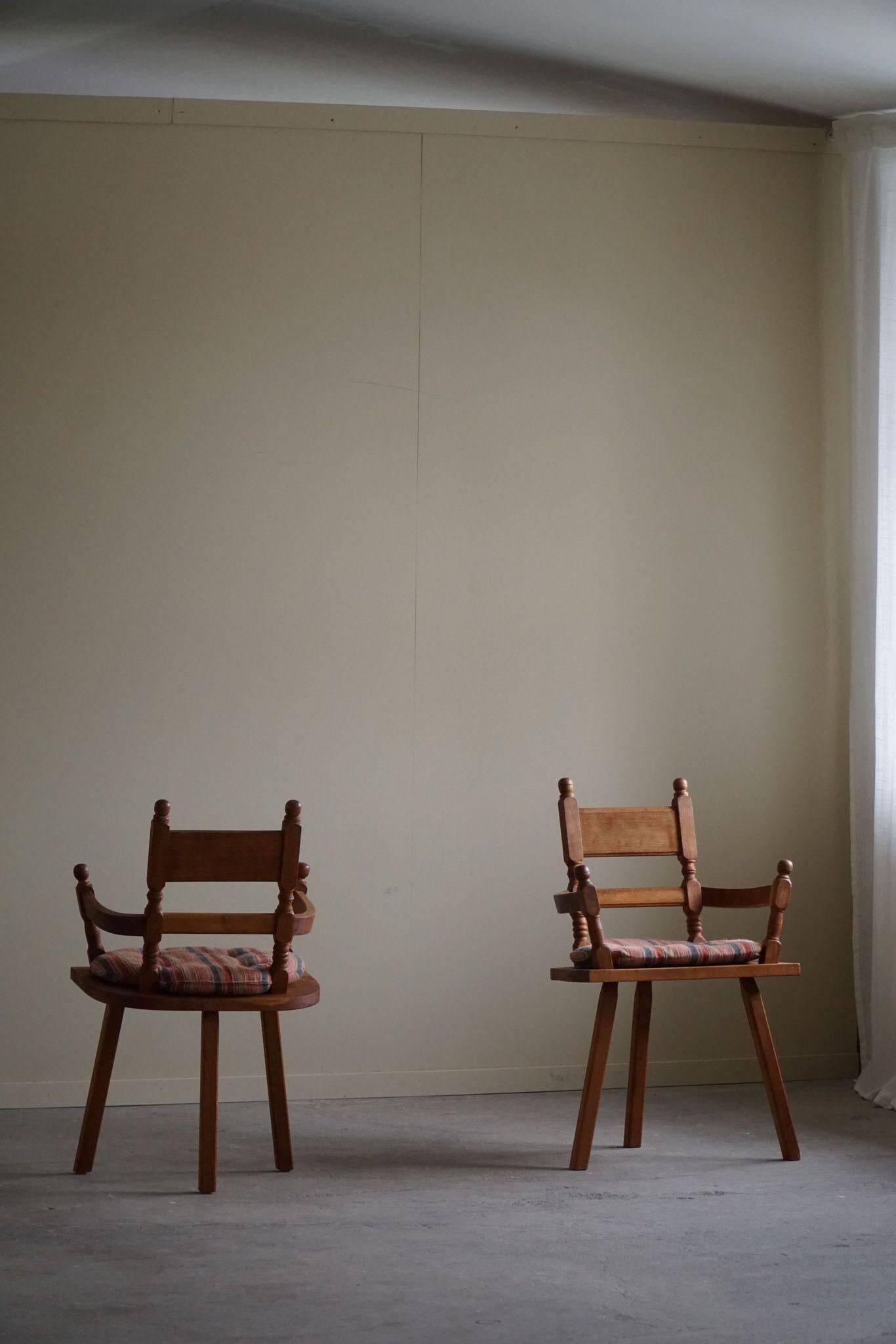 Handcrafted Tripod Armchairs in Oak, by a Danish Cabinetmaker, Folk Art, 1930s