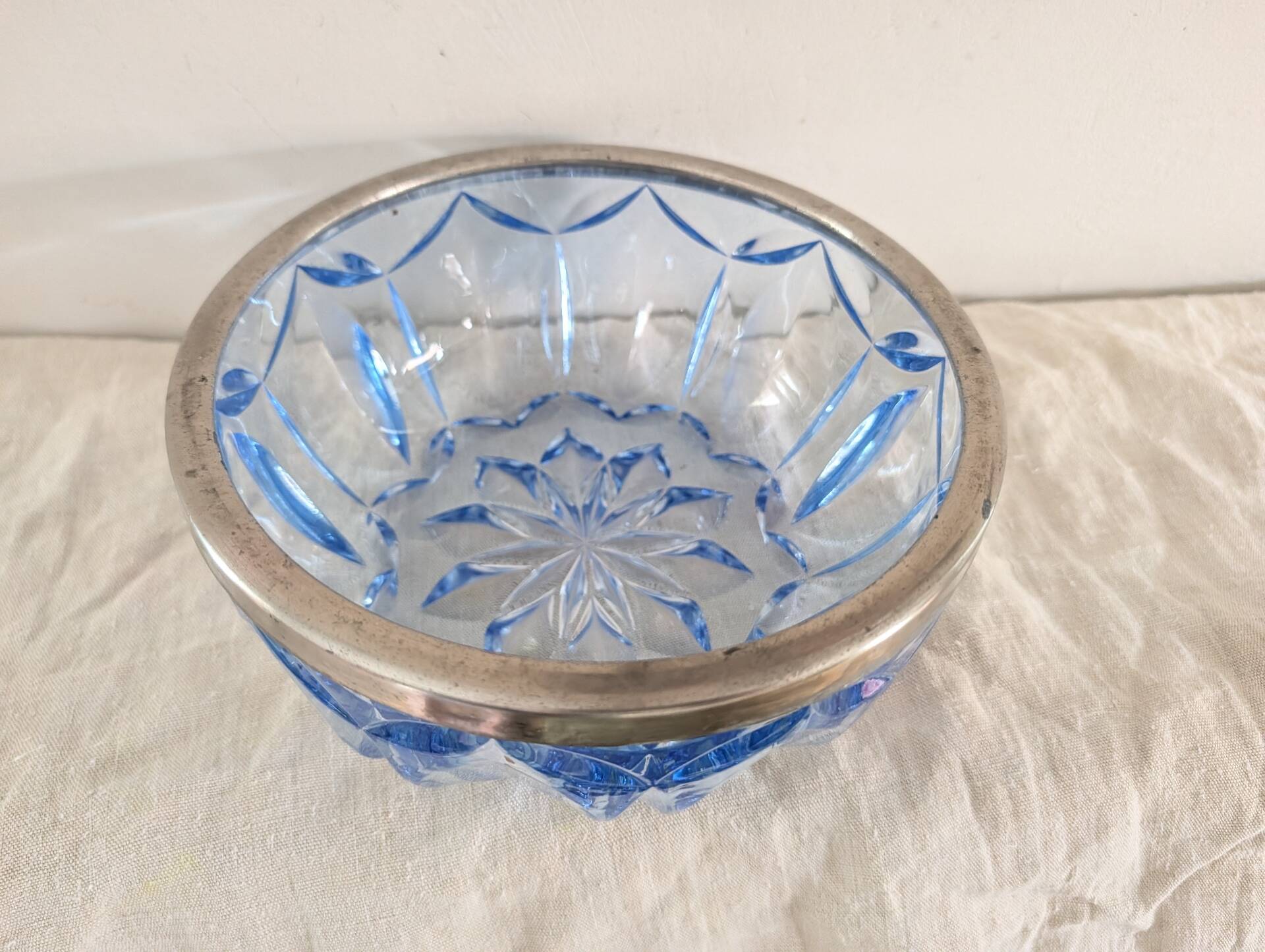 Cut blue glass bowl, silver-plated rim – 1950s-1970s