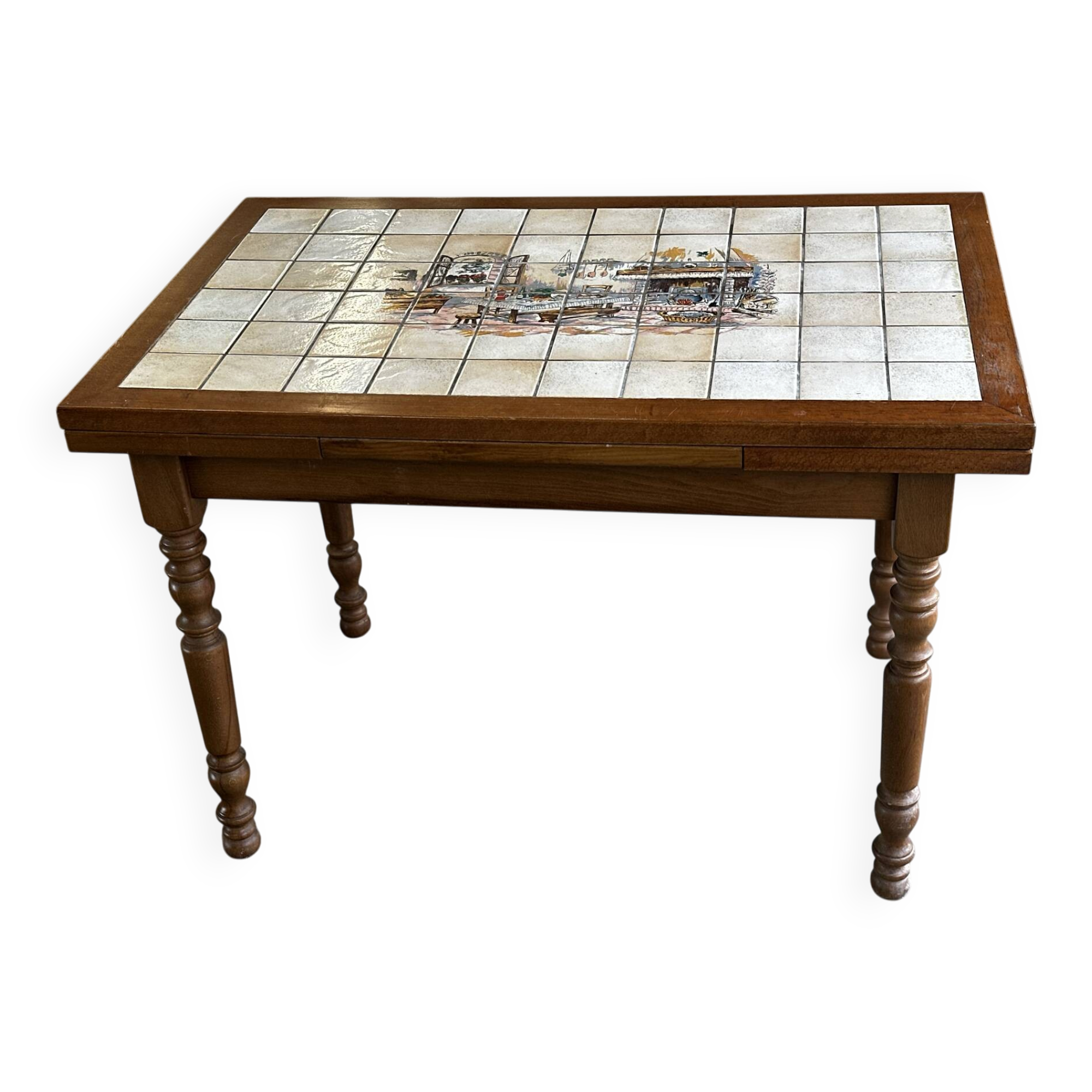 Vintage extendable dining table in wood and ceramic – 1970s