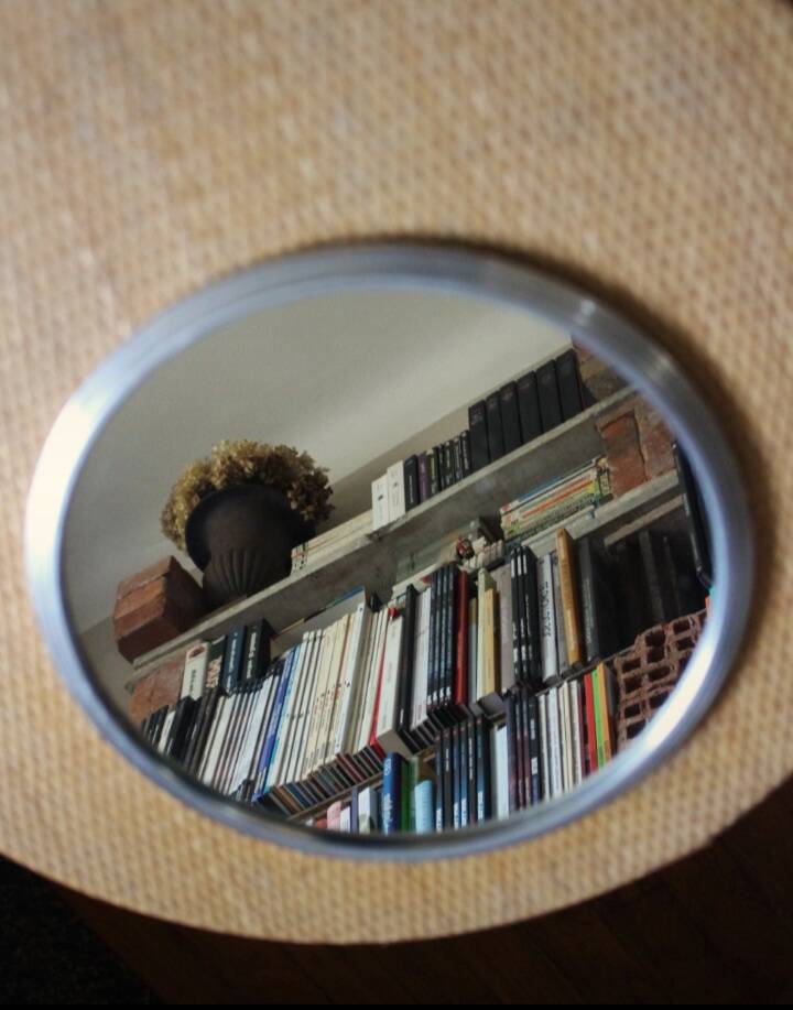 Round vintage gray metal mirror tray