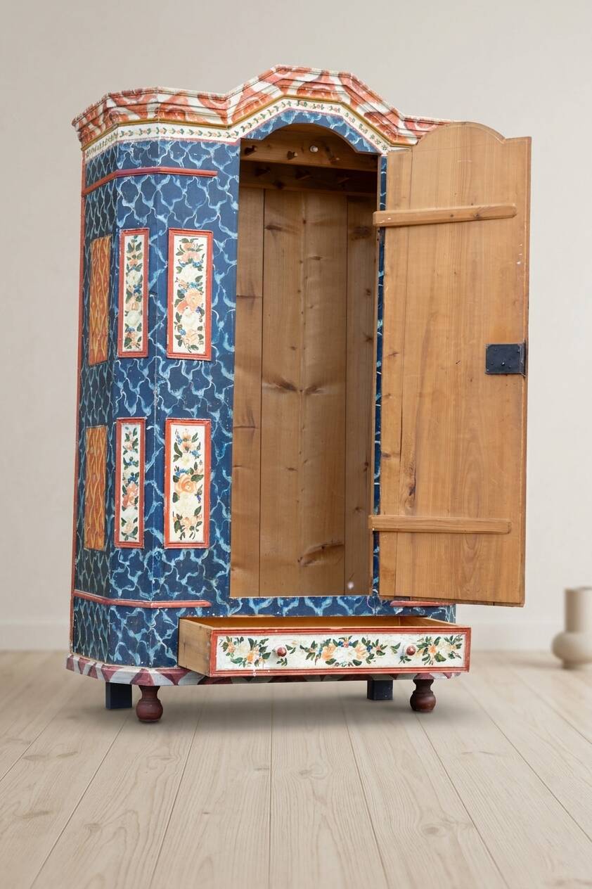 Antique hand-painted Baroque chest folk art cabinet dated solid wood Central Europe, 1865