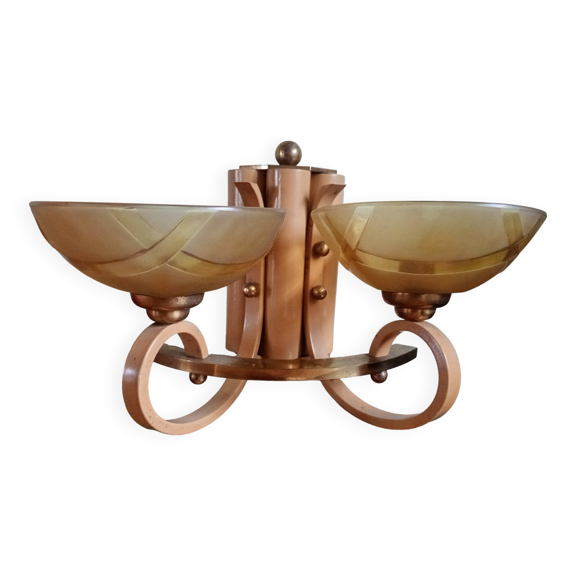 Double retro wall light - painted wood & brass - amber yellow frosted glass cups