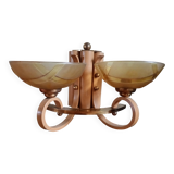 Double retro wall light - painted wood & brass - amber yellow frosted glass cups