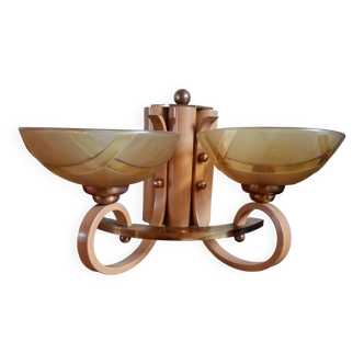 Double retro wall light - painted wood & brass - amber yellow frosted glass cups