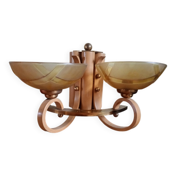 Applique double en bois peint, laiton et verre dépoli jaune ambré