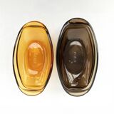 Set of 5 small oval eared dishes in amber and smoked tempered glass