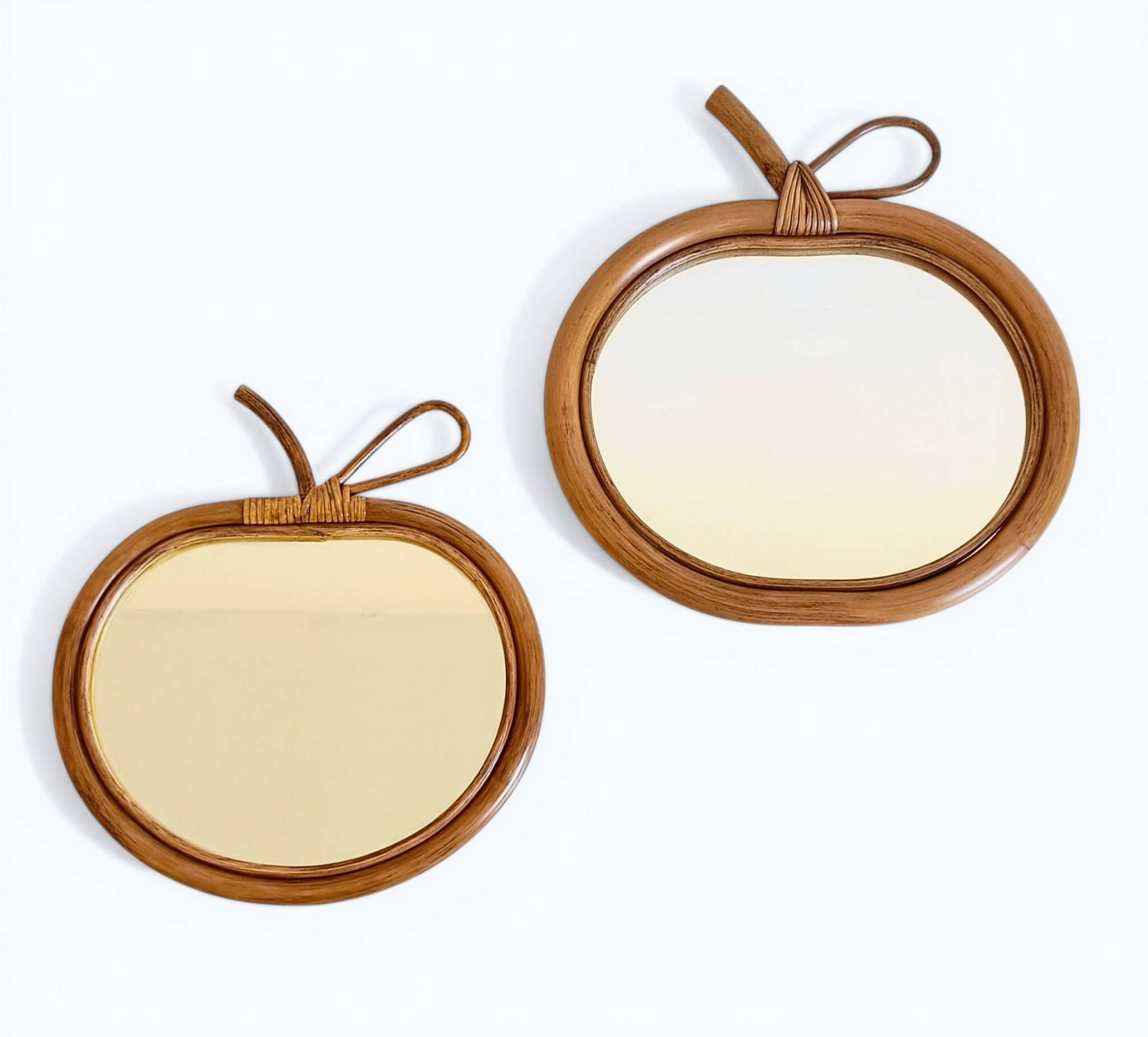 Pair of Apple-Shaped Mirrors in Bamboo and Rattan, France, 1960